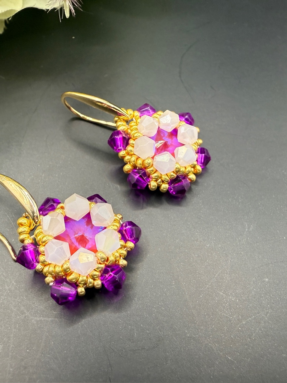 Gold-Tone Purple and Opalescent Floral Drop Earrings